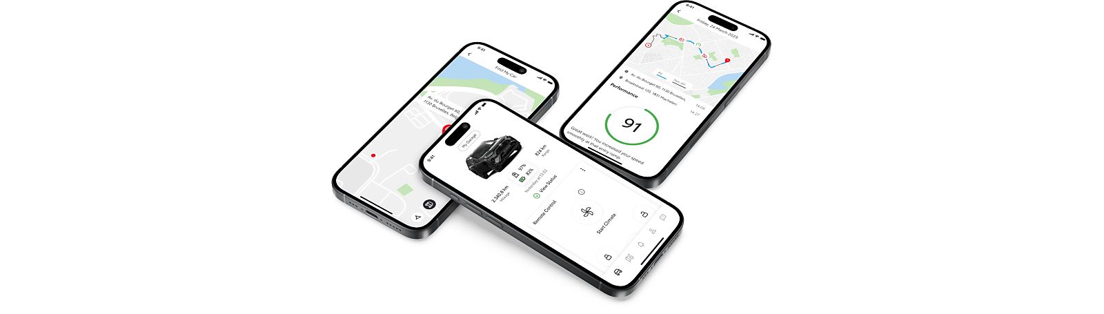 Drei Smartphones liegen übereinander vor einem neutralen Hintergrund und zeigen die MyToyota App