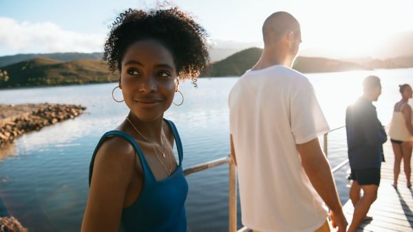 Woman looking back and smiling