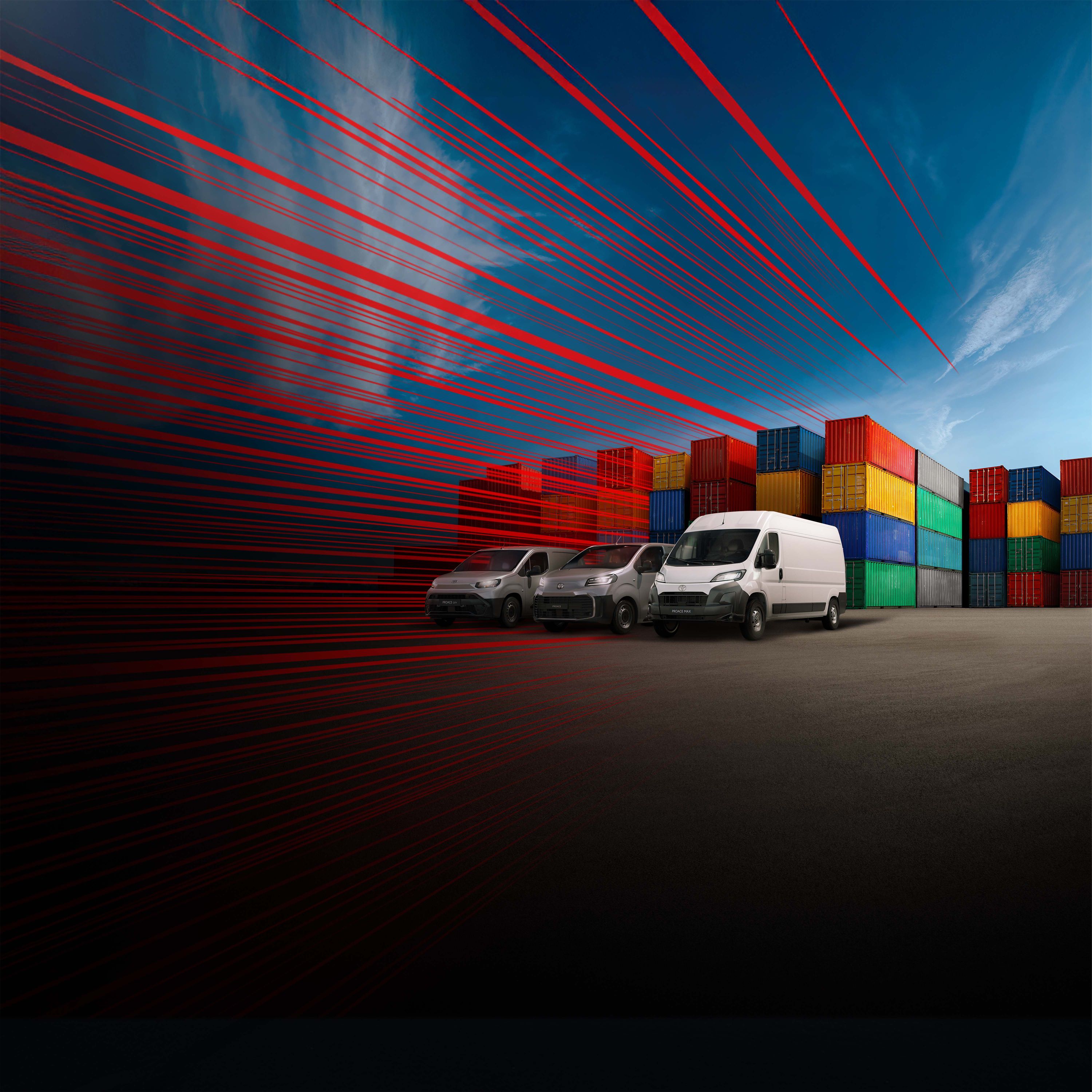 Drei Toyota-Fahrzeuge in Schwarz, Orange und Grau vor einem farbigen, grafischen Hintergrund, nebeneinander auf einer stilisierten Fläche präsentiert.