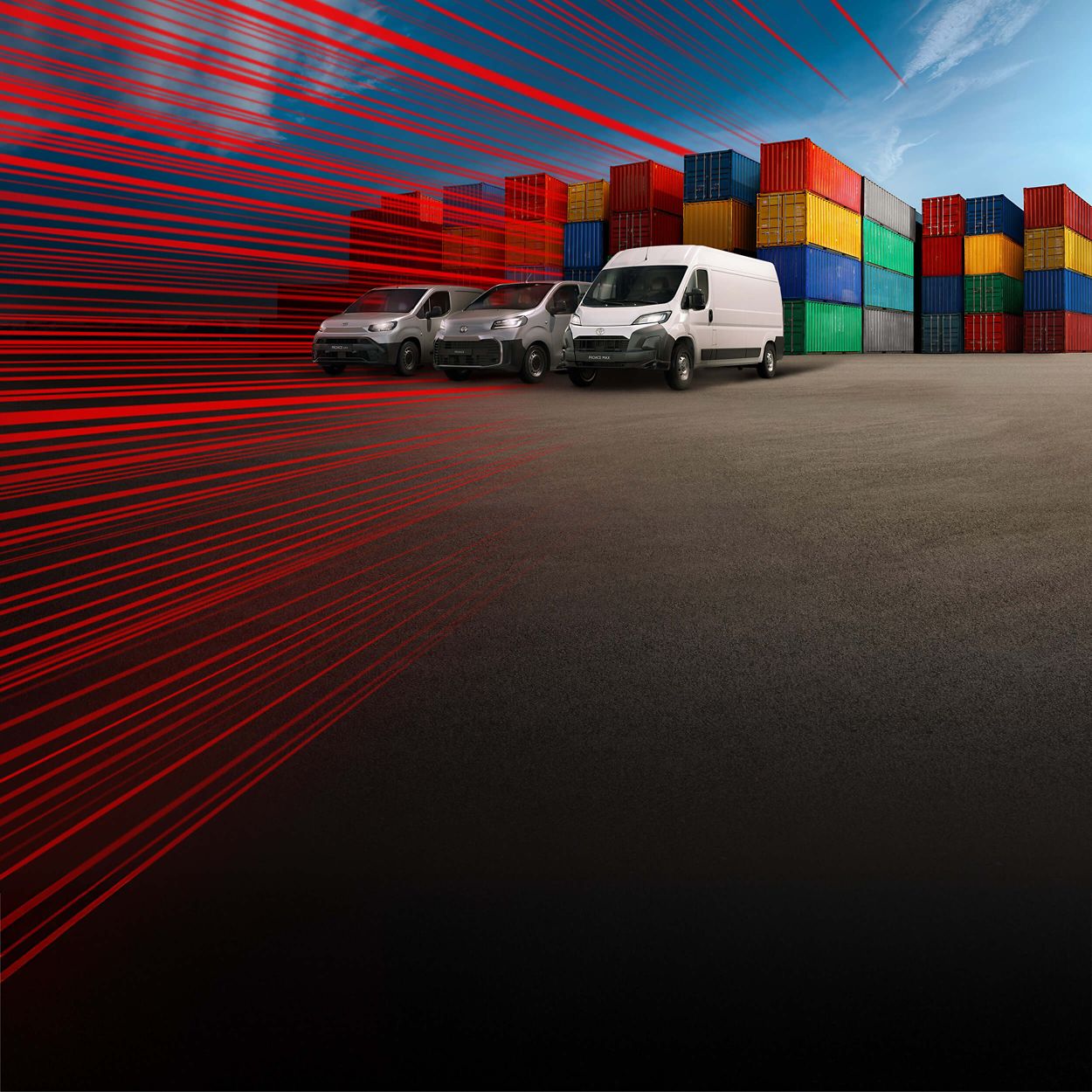 Drei Toyota-Fahrzeuge in Schwarz, Orange und Grau vor einem farbigen, grafischen Hintergrund, nebeneinander auf einer stilisierten Fläche präsentiert.