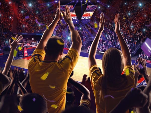 Von KI erzeugtes Bild einer jubelnden Zuschauermenge in einer Basketballhalle, zwei Personen mit erhobenen Armen im Vordergrund von hinten zu sehen 