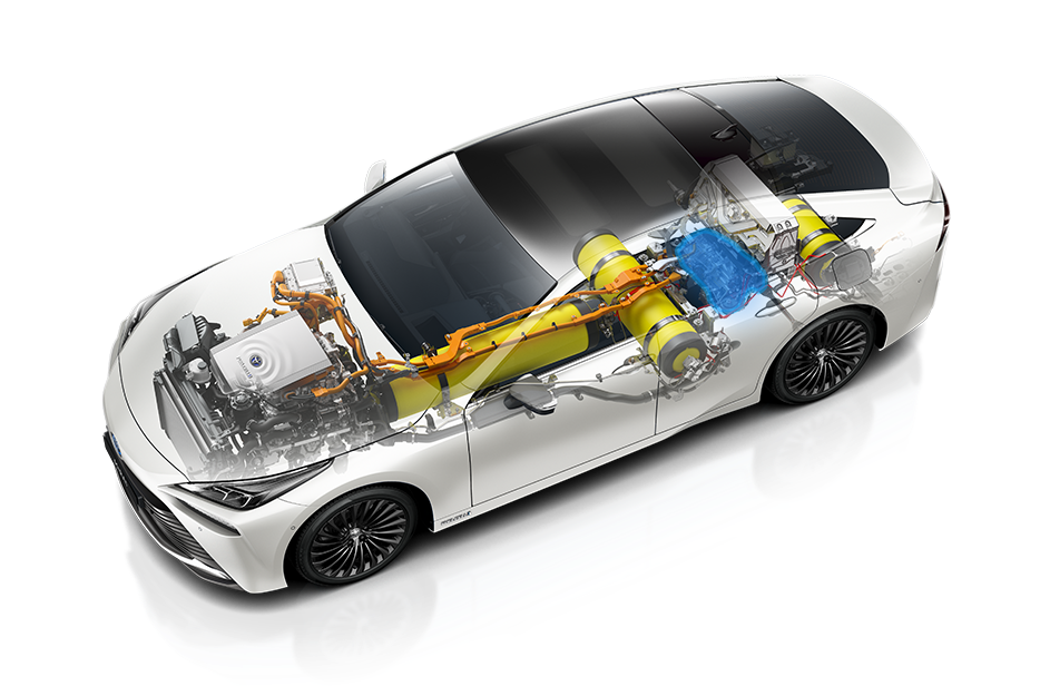 Schemat konstrukcji napędu wodorowego w Toyocie Mirai z zaznaczonym silnikiem elektrycznym.