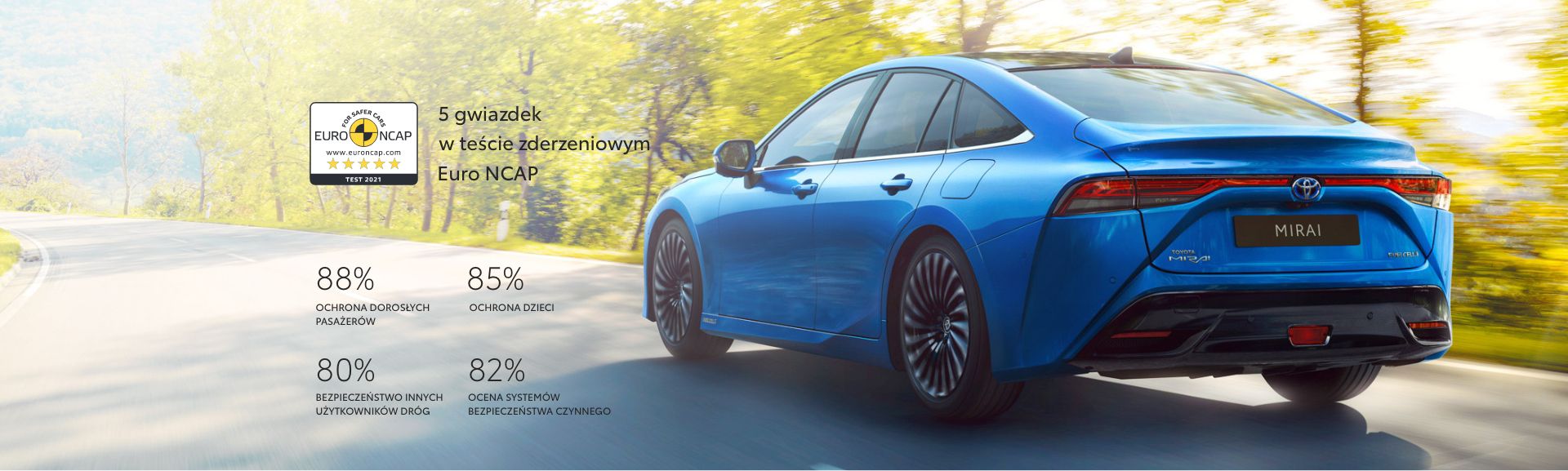 Toyota Mirai jedzie drogą, logo EURO NCAP 2021 z 5 gwiazdkami i dane testów zderzeniowych.