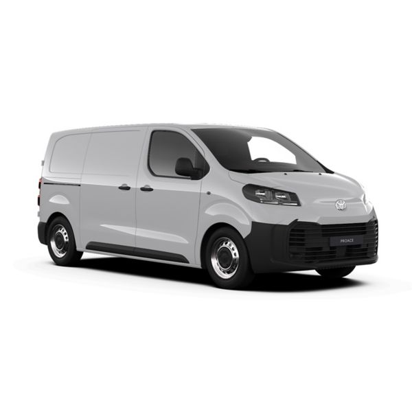 Ein weißer Toyota Proace Duty in diagonaler Frontansicht vor einem weißen Hintergrund.