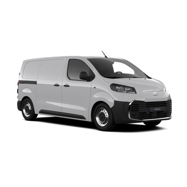 Ein weißer Toyota Proace Meister in diagonaler Frontansicht vor einem weißen Hintergrund.