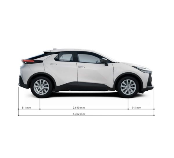 Seitliche Sicht auf ein weißes SUV-Modell mit den Maßen: 2.640 mm Radstand; 4.362 mm Länge