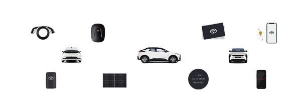 Eine Sammlung von Automobil- und Ladezubehör, darunter ein weißes Auto, Schlüsselanhänger, Solarmodul, Smartphone und eine Toyota-Ladekarte.