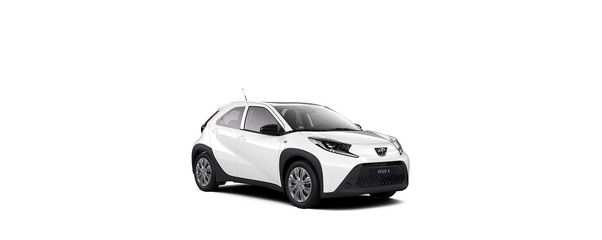 Ein weißer Toyota Aygo X Play auf einem weißen Hintergrund