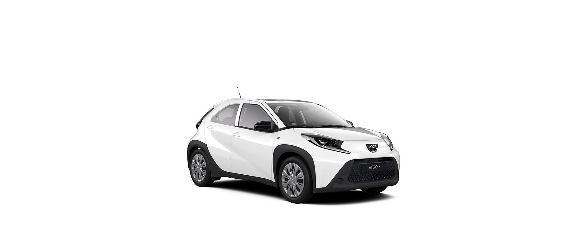 Ein weißer Toyota Aygo X Play auf einem weißen Hintergrund
