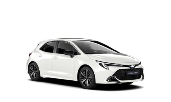 Ein weißer Corolla Hybrid auf einem weißen Hintergrund, darüber der Schriftzug „BLACK WHITE“