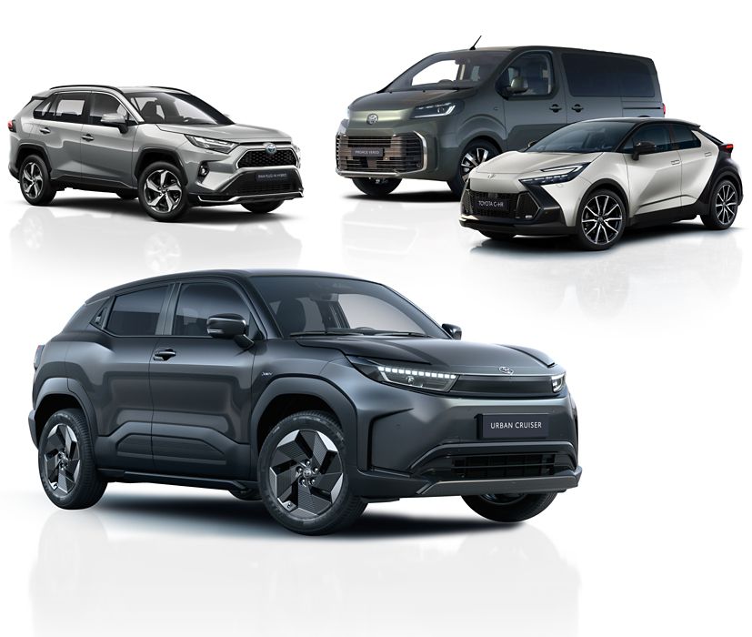 Drei Fahrzeuge - ein silberner RAV4, ein grauer Proace und ein Toyota C-HR - stehen nebeinander aufgereiht vor neutralem Hintergrund. Darunter steht ein grüner Proace City.