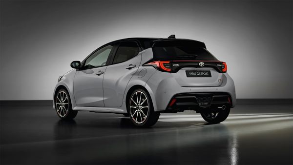 Model shown is Yaris GR SPORT  in bi-tone Dynamic Grey Night Sky Black roof (2RZ) and GR SPORT black fabric with red stitching seat