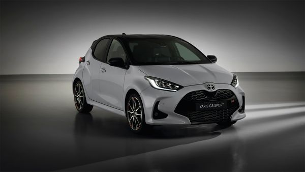 Model shown is Yaris GR SPORT  in bi-tone Dynamic Grey Night Sky Black roof (2RZ) and GR SPORT black fabric with red stitching seat