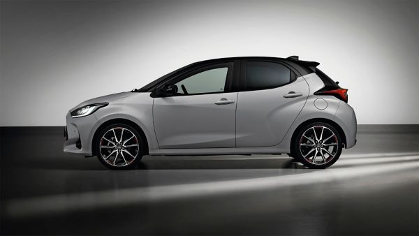 Model shown is Yaris GR SPORT  in bi-tone Dynamic Grey Night Sky Black roof (2RZ) and GR SPORT black fabric with red stitching seat