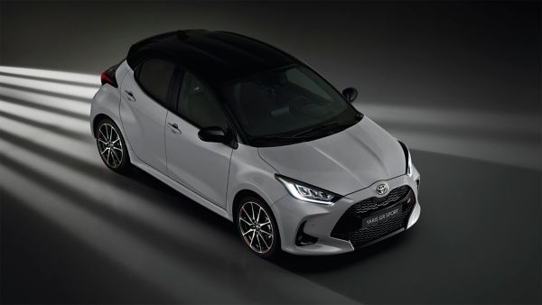 Model shown is Yaris GR SPORT  in bi-tone Dynamic Grey Night Sky Black roof (2RZ) and GR SPORT black fabric with red stitching seat