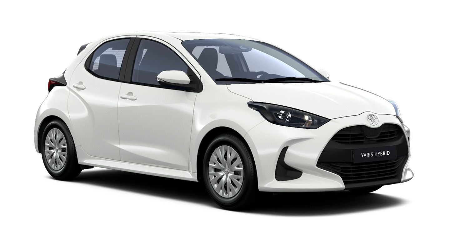 Weißer Toyota Yaris Business Edition Hybrid in diagonaler Frontansicht vor neutralem Hintergrund.