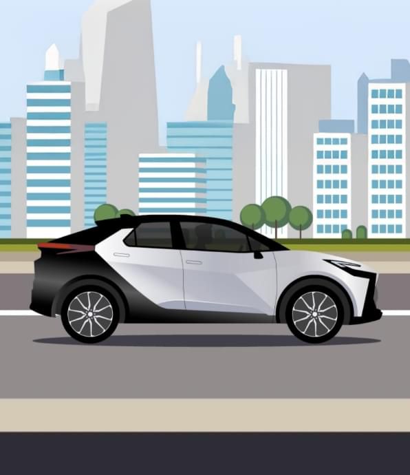 Grafika modelu Toyoty z napędem hybrydowym typu plug-in jadącego w ciągu dnia.