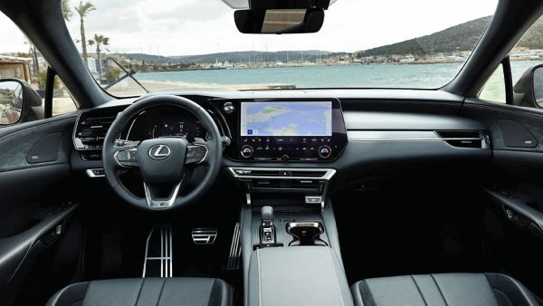 Rear view of a Lexus RX 500h driving