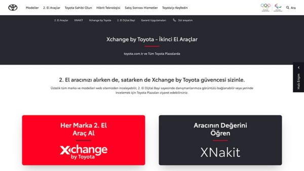 Toyota'nın ikinci el araç sayfası ekran görüntüsü