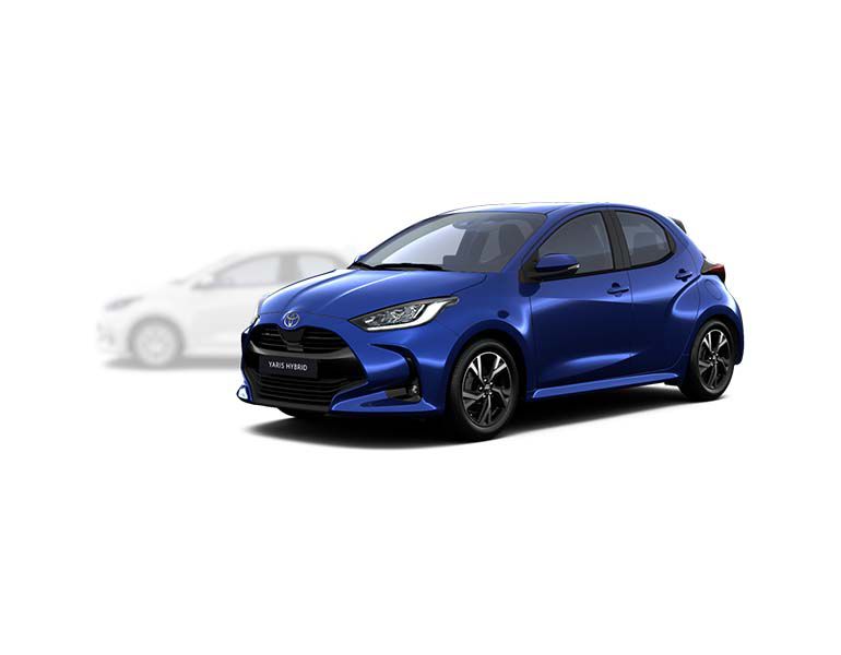 Blauer Toyota Yaris in seitlicher Sicht, im Hintergrund ist ein verblasster heller Yaris zu erkennen