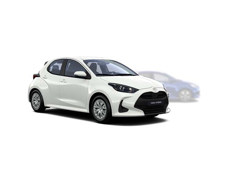 Weißer Toyota Yaris in seitlicher Sicht, im Hintergrund ist ein verblasster dunklerer Yaris zu erkennen
