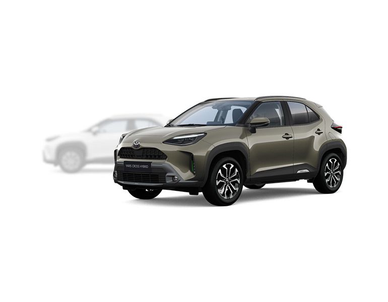 Seitlicher Blick auf einen weißen Toyota Yaris Cross mit schwarzem Seitenschutz, im Hintergrund ist ein dunkel lackierter Yaris Cross verschwommen erkennbar