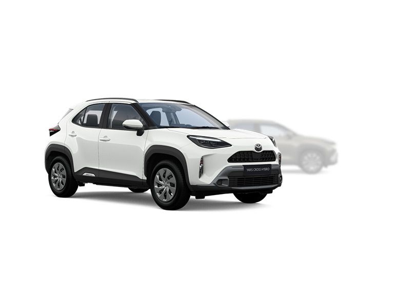 Seitlicher Blick auf einen braun-grauen Toyota Yaris Cross mit LED-Scheinwerfern, im Hintergrund ist ein weiß lackierter Yaris Cross verschwommen erkennbar